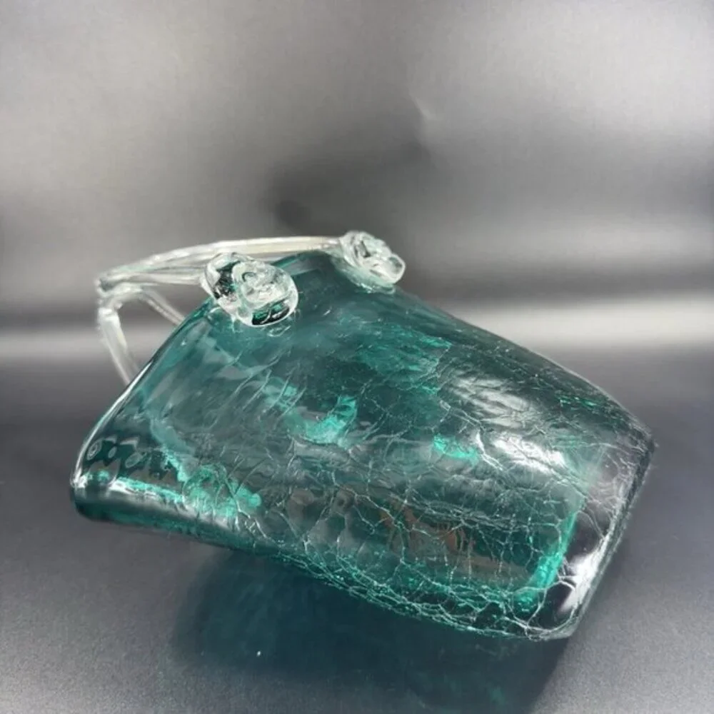 Hand Blown Green Crackle Glass Purse Shape Vase Glassware Decor‎ Clear Handles